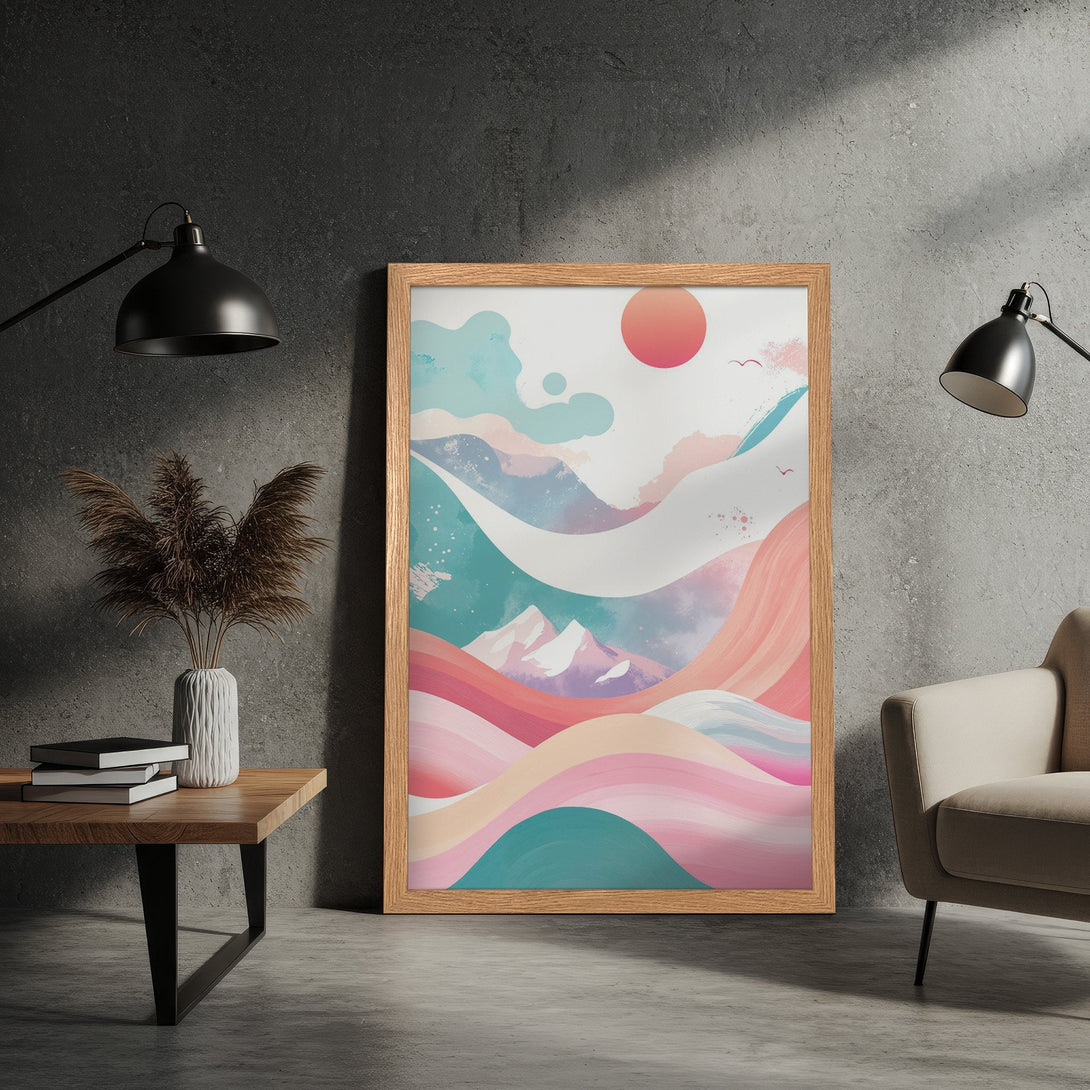 Framed Poster featuring a colorful abstract landscape in pastel hues. Modern art print for home decor.