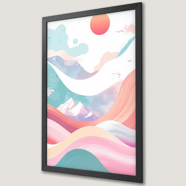 Framed Poster featuring abstract landscape art in pastel pinks, blues, and peach. Modern, artistic wall decor for your home.