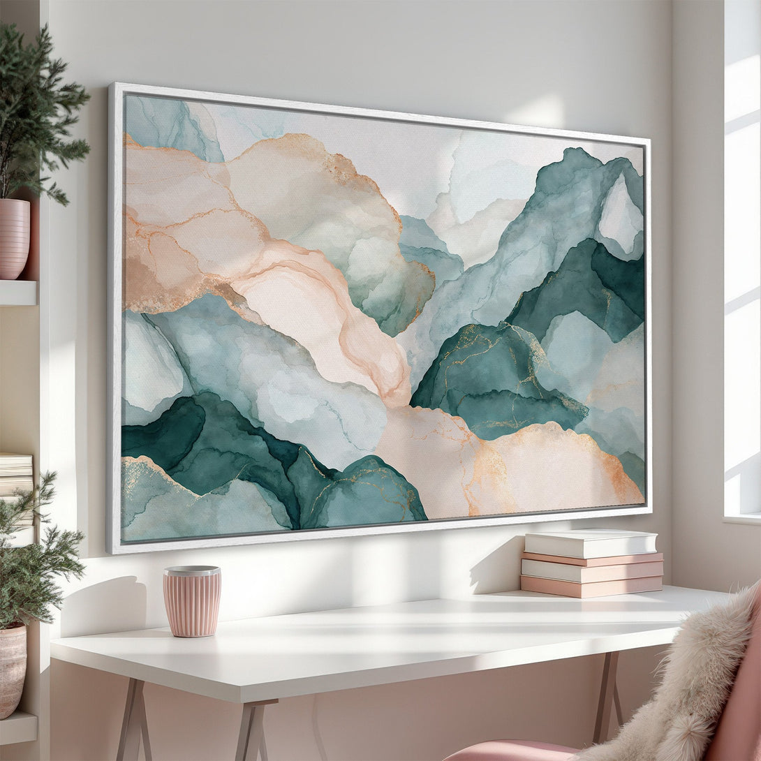 Framed Wall Art: Abstract watercolor mountain scene in teal, blush, and gold. Modern art print for a calming interior.