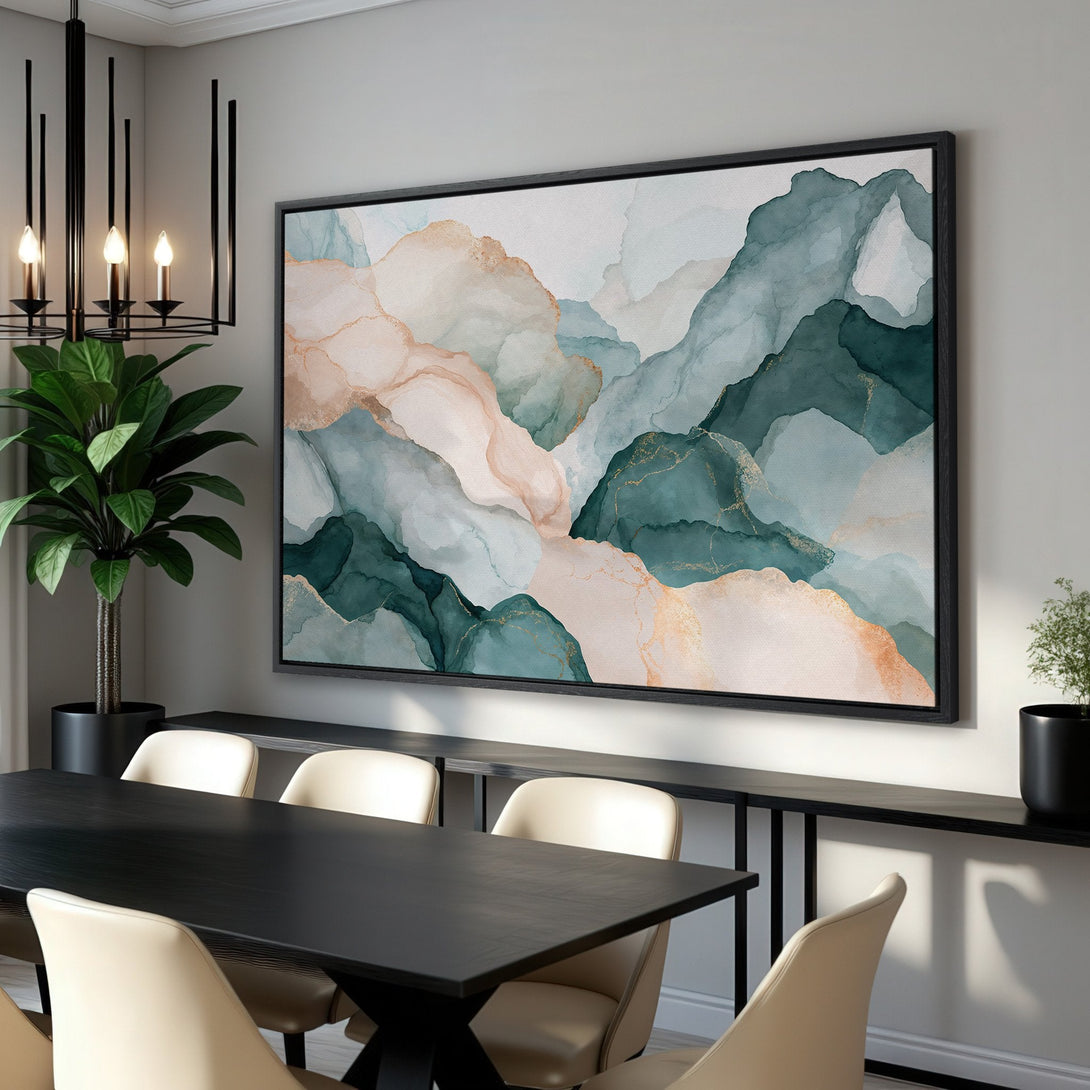Framed Wall Art: Abstract watercolor mountain scene in teal, blush, and gold. Elevate your space with this modern, elegant canvas print.