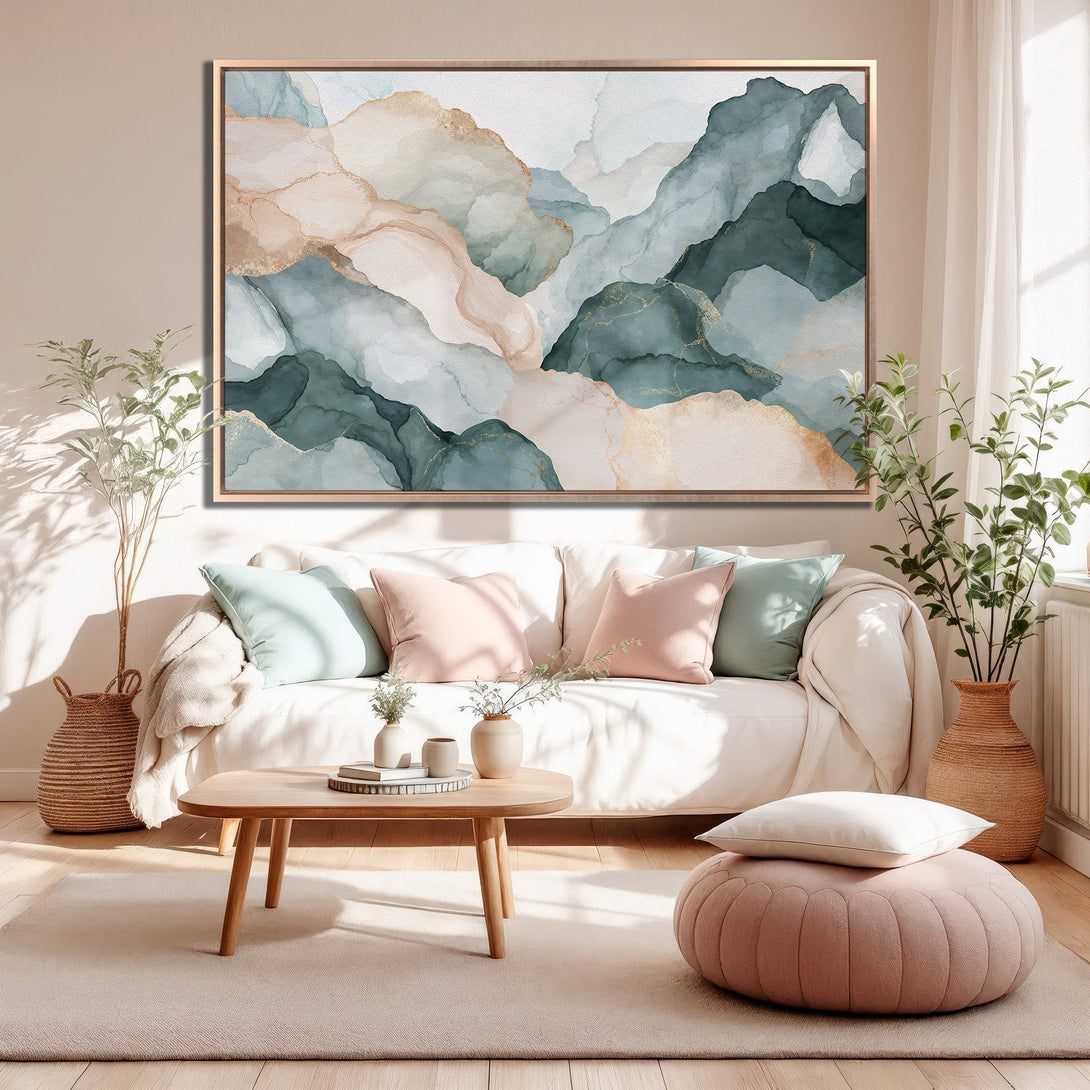 Framed Wall Art: Abstract watercolor mountains in teal, blush, and gold. Modern canvas print perfect for living room decor.
