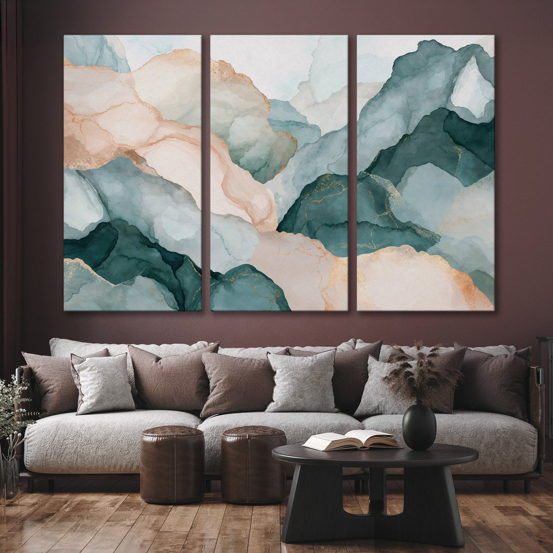 Abstract Canvas Print art in teal, blush, and gold tones. Modern wall decor for a stylish living room.