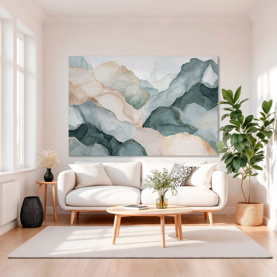 Framed Wall Art: Abstract mountain Canvas Print in teal, blush, and gold. Modern art for living room decor. Elevate your space with this stylish piece.
