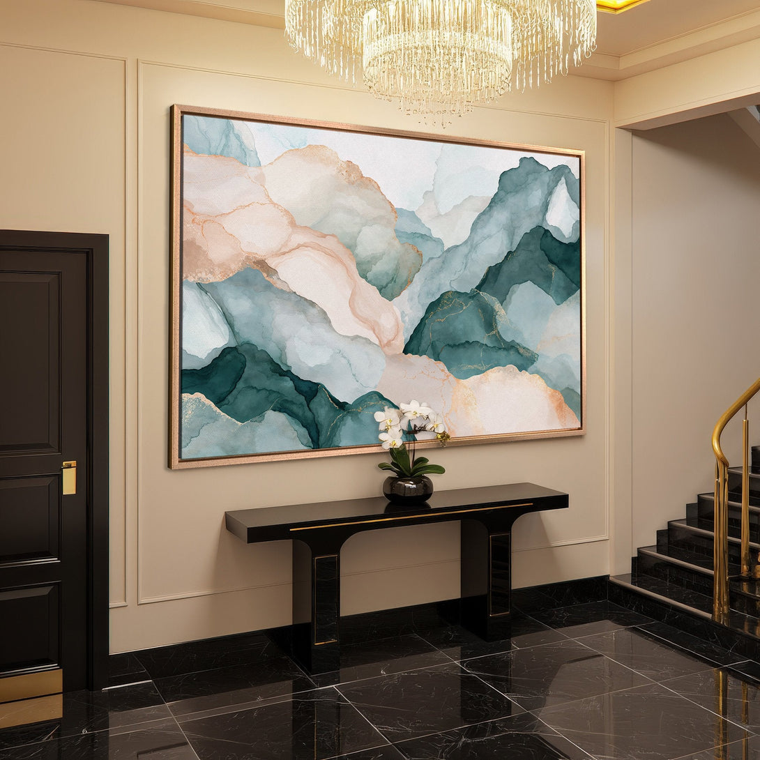 Framed Wall Art: Abstract mountain landscape Canvas Print in teal, blush, and gold. Elevate your space with this modern, elegant art piece.