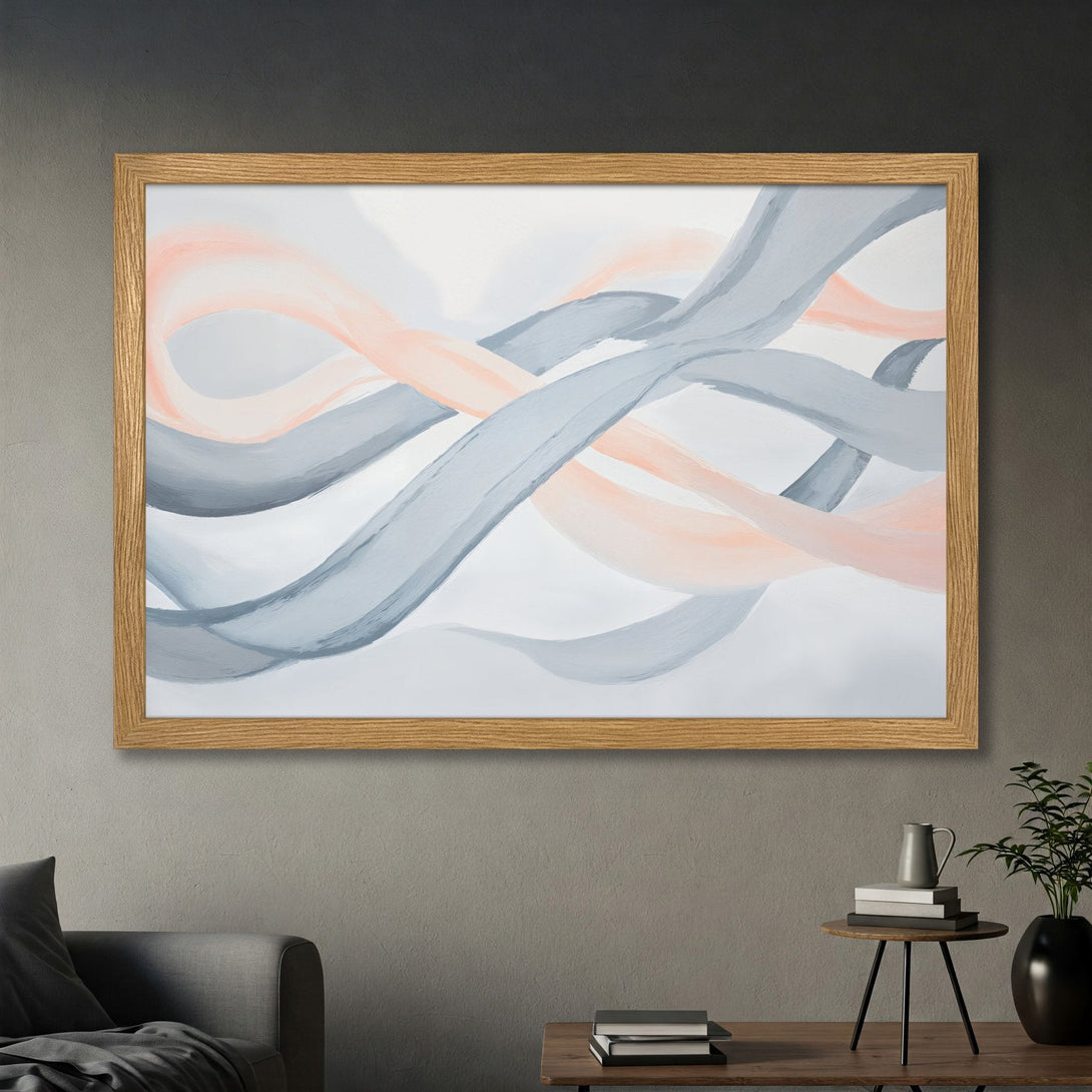 Framed Poster featuring abstract ribbons in soft gray and peach tones, perfect for modern home decor.