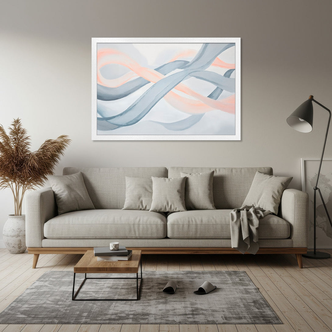 Framed Poster featuring abstract watercolor art in pastel pink and blue hues. Modern art print for home decor.