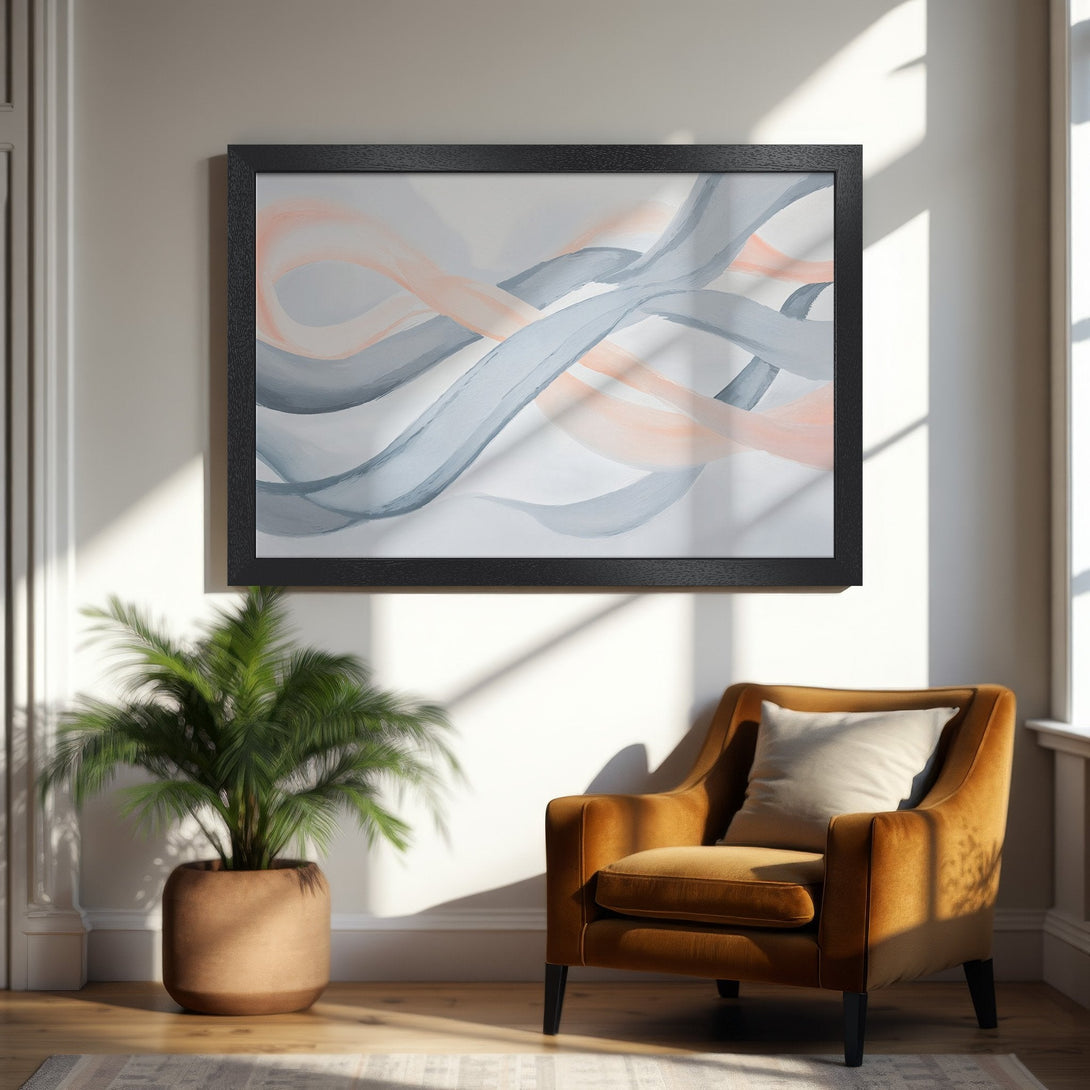 Framed Poster featuring abstract watercolor art in soft gray and peach tones. Modern wall art for any space.