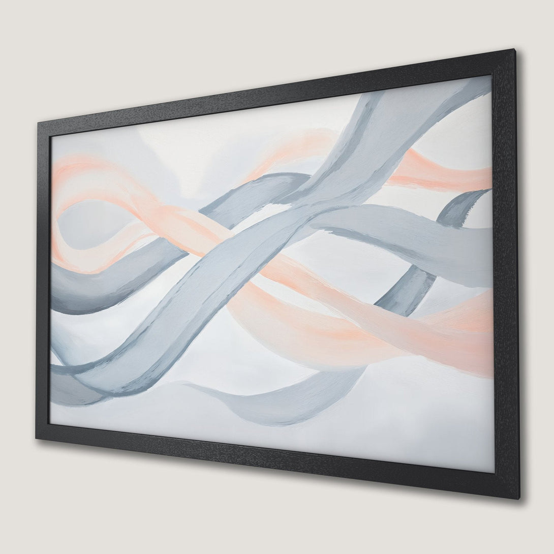 Framed Poster featuring abstract art with flowing ribbons in gray and peach hues. Modern wall decor.