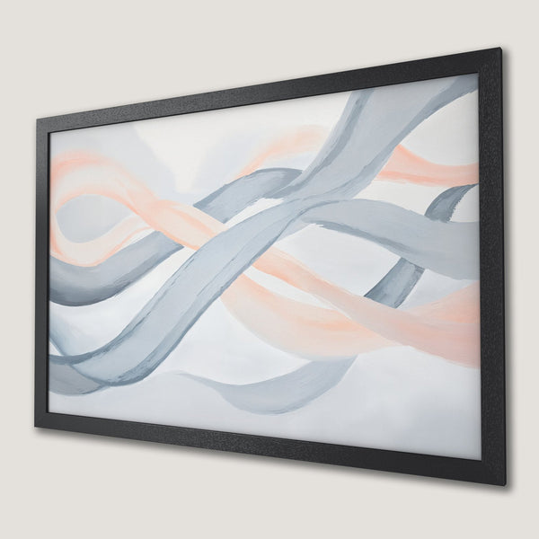 Framed Poster featuring abstract art with flowing ribbons in gray and peach hues. Modern wall decor.