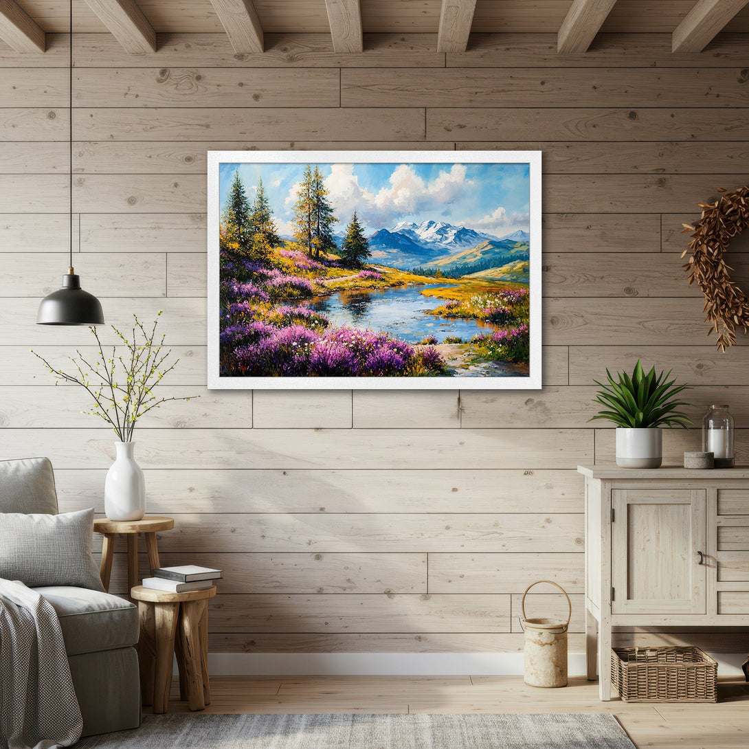 Framed Poster of a serene mountain landscape painting, impressionistic style, featuring blues, greens, and purples.