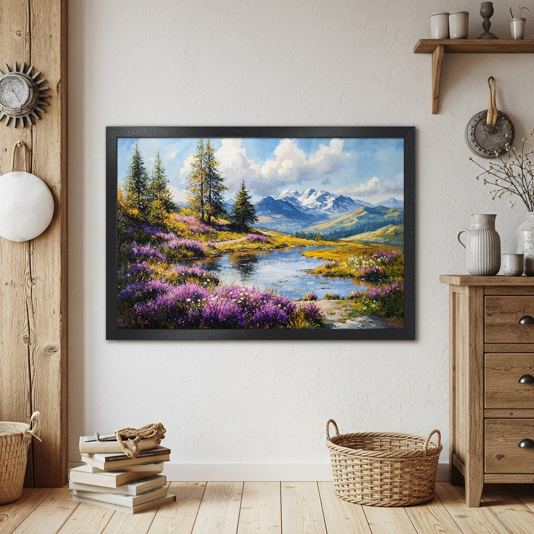 Framed Poster: Landscape painting with mountains, lake, and purple flowers. Rustic style, blue, green, and purple color palette.