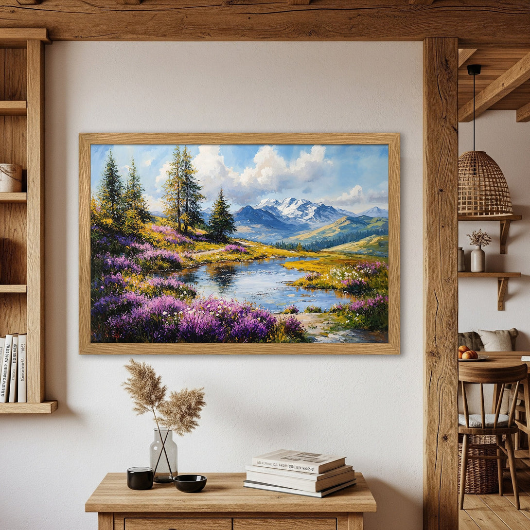 Framed Poster of a serene landscape painting. Featuring mountains, lake, and vibrant purple flowers, in a natural color palette. Perfect wall art!
