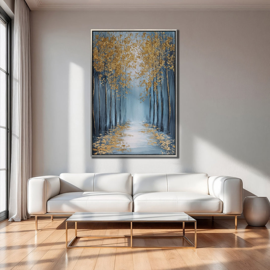 Framed Wall Art: Gold foil forest scene in blue and gold palette. Modern canvas print adds elegance to any interior. Shop now!