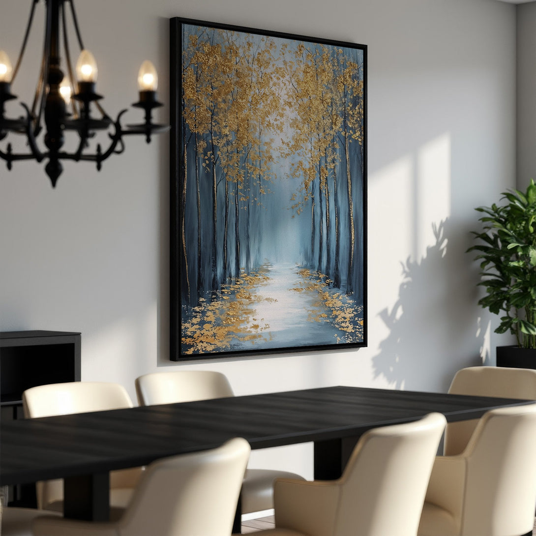 Framed Wall Art: Serene forest scene in blue & gold. Modern canvas print adds elegance to dining room decor. Shop now for stunning wall art!
