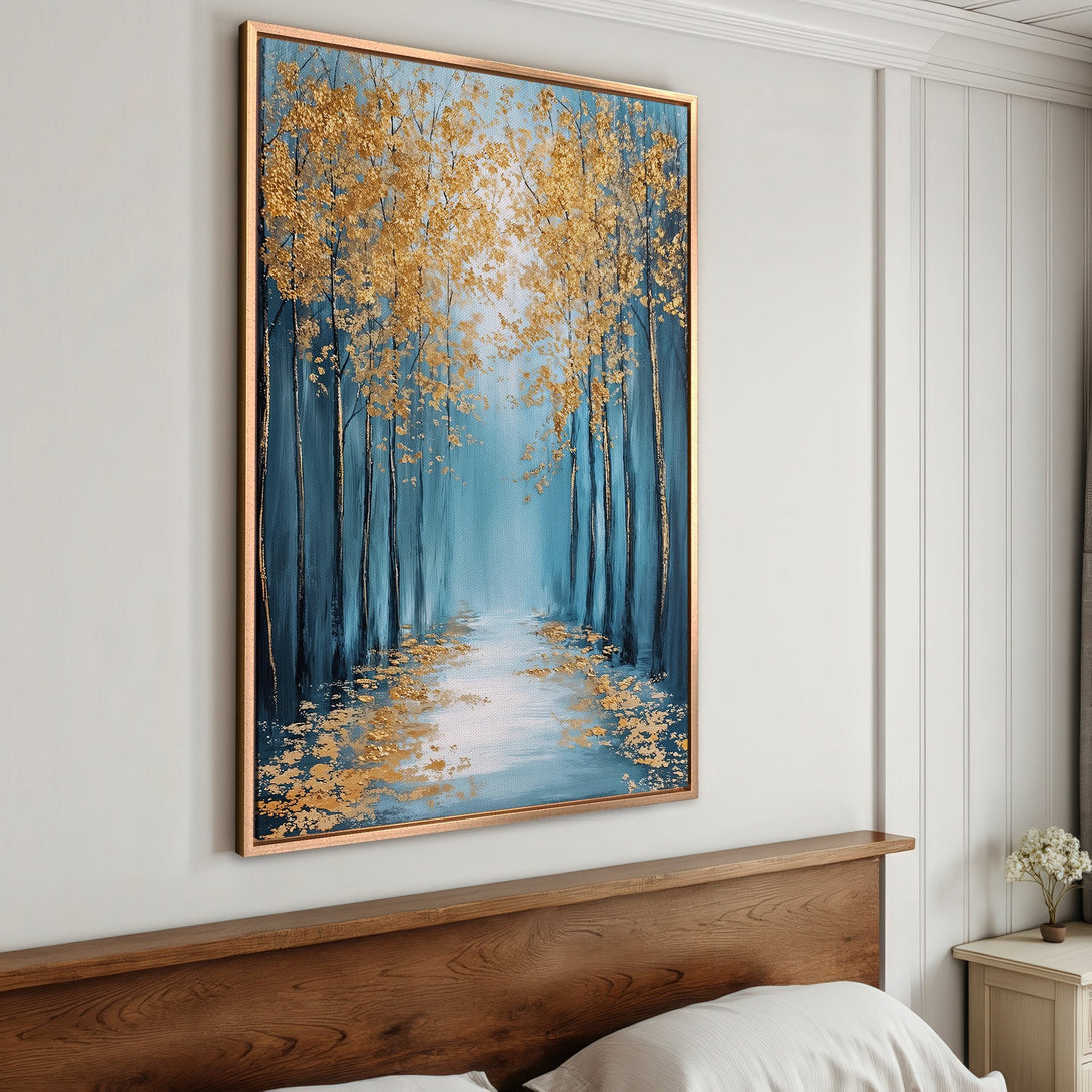 Framed Wall Art: Gold and teal forest scene canvas print. Modern abstract art with a calming blue and gold color palette, perfect for bedroom decor.