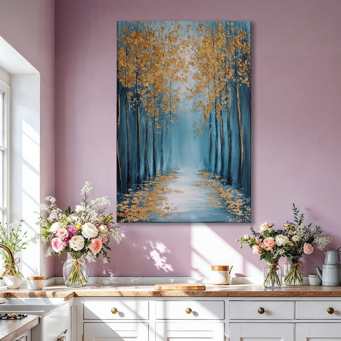 Framed Wall Art: Abstract forest painting with gold and blue tones. Modern art for living room decor. Enhance your space with this beautiful canvas print.