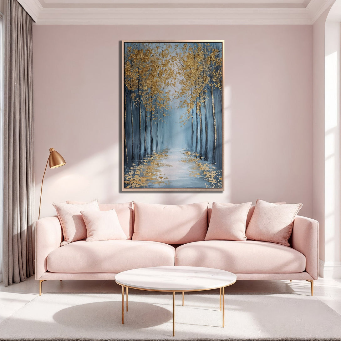Framed Wall Art: Elegant gold-leaf forest scene in a blue and gold palette, perfect for adding sophistication to any living room.