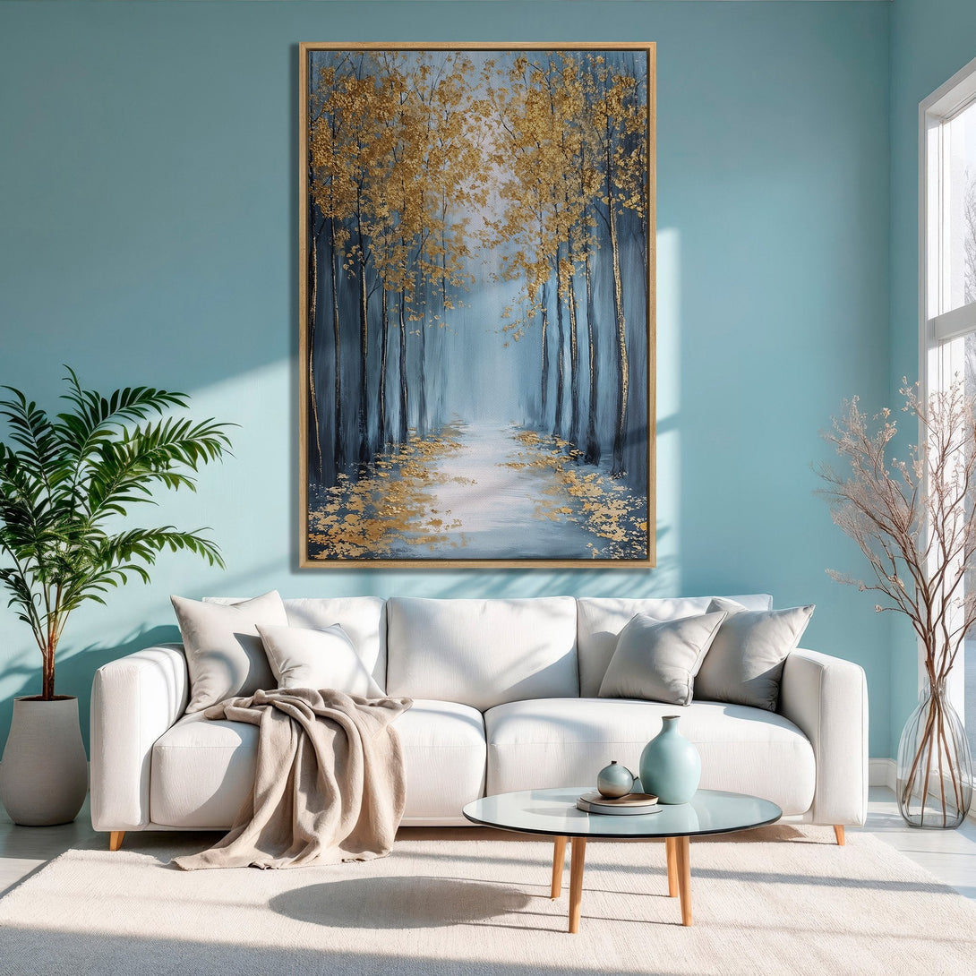 Framed Wall Art: Gold and blue abstract forest scene. Modern canvas print with a serene, nature-inspired aesthetic and a calming color palette. Perfect for any space!
