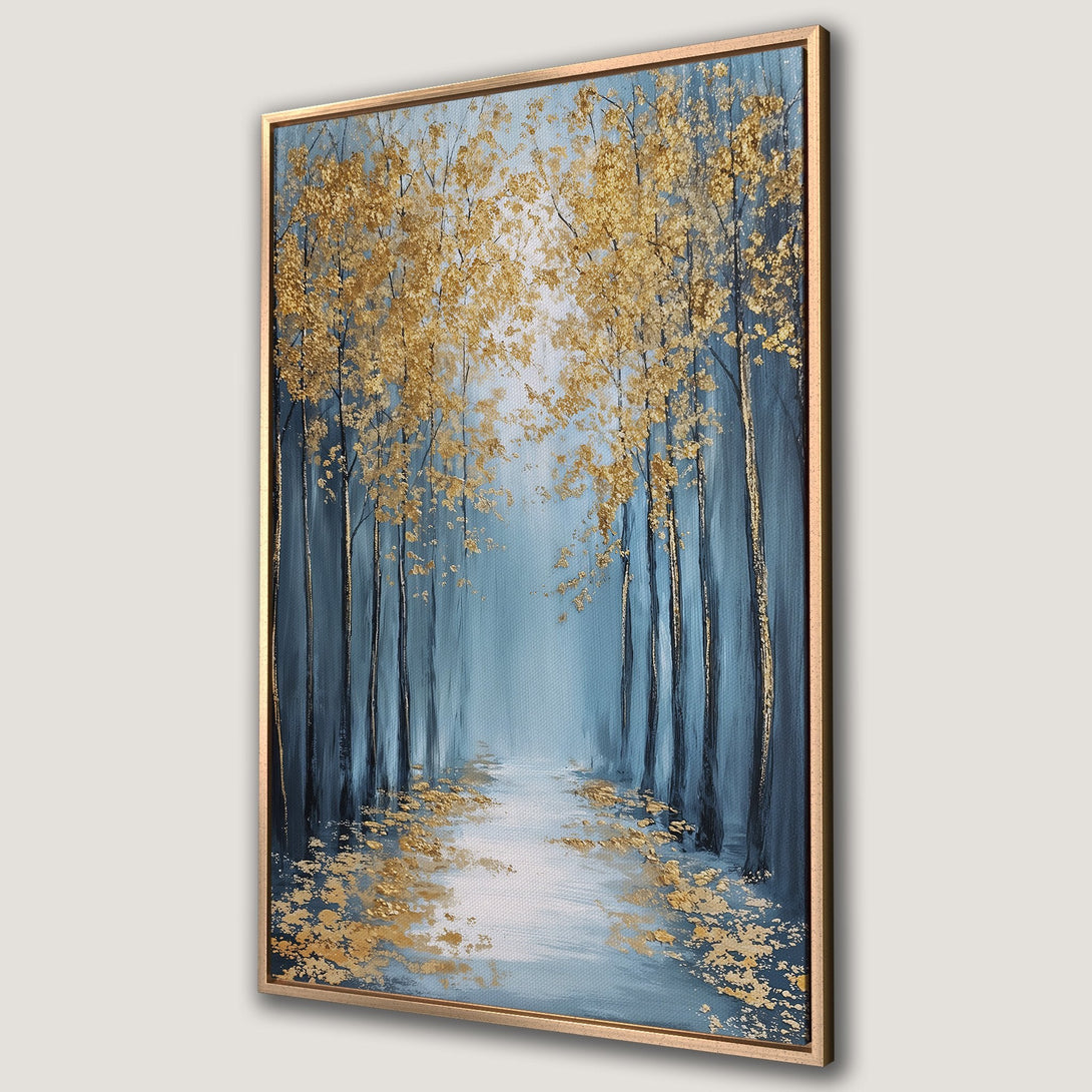 Framed Wall Art: Abstract forest scene in blue and gold. Stunning canvas print with a touch of elegance for your home decor.