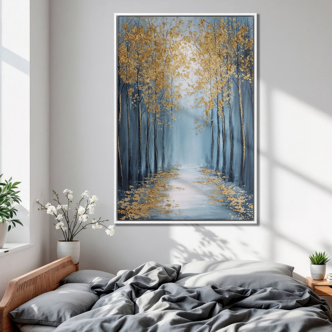 Framed Wall Art: Abstract forest scene in blue and gold. Modern canvas print for bedroom decor. Adds a touch of elegance to any space.