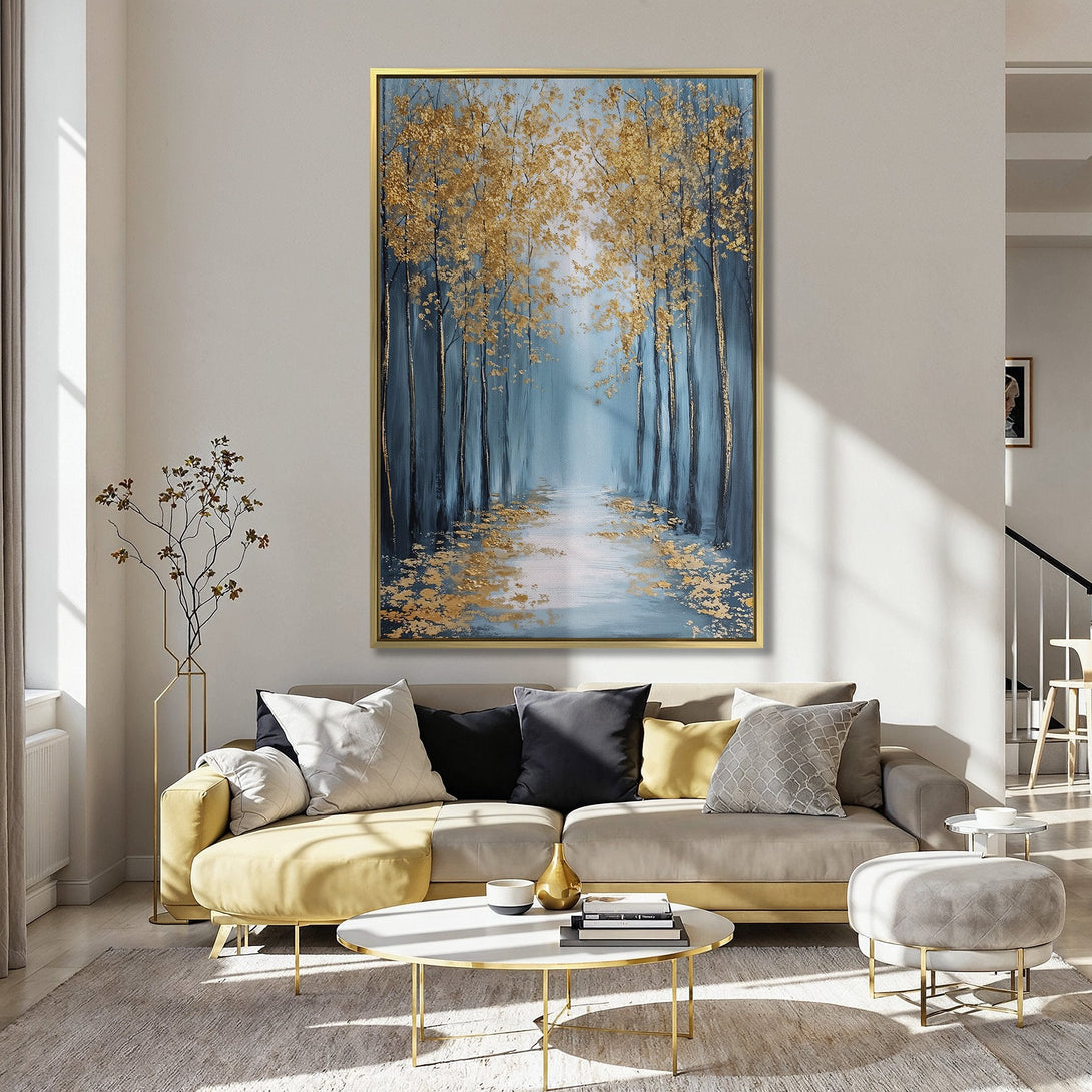 Canvas Print of a serene forest scene in blue and gold, perfect for adding a touch of nature-inspired elegance to your home.