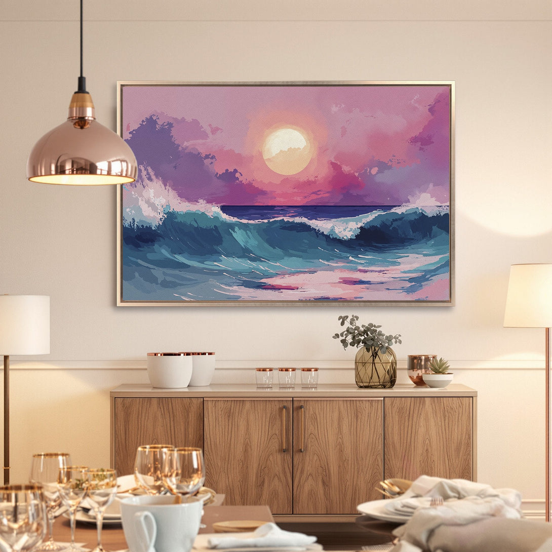 Framed Wall Art: Abstract ocean canvas print in a dining room. Features a sunset over waves in a pink, purple, and teal color palette.