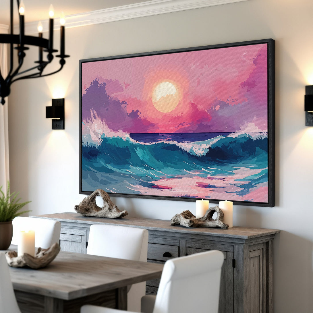 Framed Wall Art: Sunset over ocean waves in pink, purple, and teal. Coastal art for a serene home. Canvas Print for living room or dining room decor.