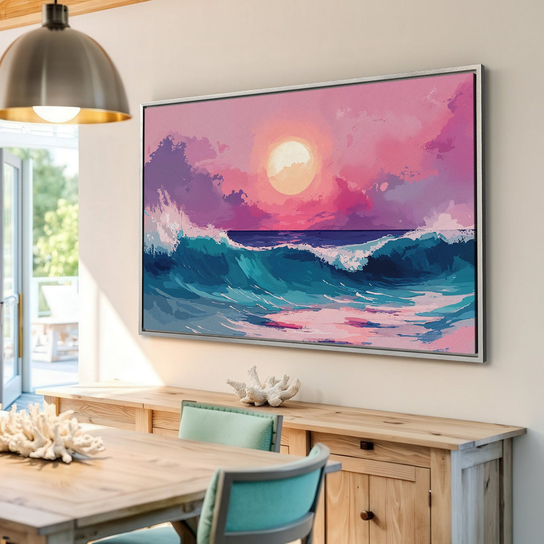 Framed Wall Art: Abstract ocean sunset Canvas Print in pink, blue, and purple. Coastal decor for a calming, stylish interior.