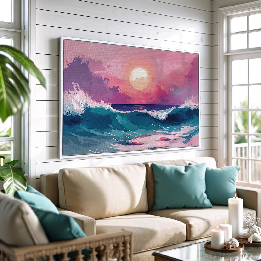 Canvas Print of a vibrant ocean sunset. Features turquoise waves, pink and purple sky, and a warm color palette. Perfect coastal wall art for any home.