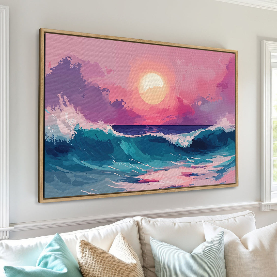 Canvas Print of a vibrant sunset over ocean waves. Features a colorful palette of pinks, purples, and blues. Modern art for your home.