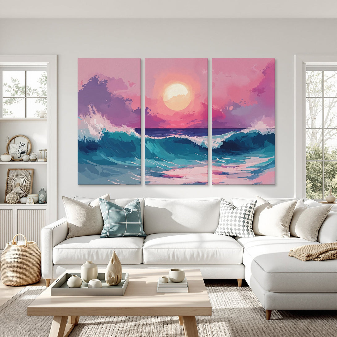 Canvas Print of ocean waves at sunset, abstract style, pink and teal color palette, perfect for coastal decor.
