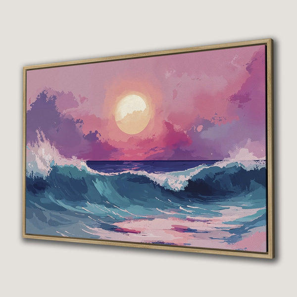 Framed Wall Art Canvas Print of ocean waves at sunset. Abstract style with pink, purple, and blue color palette. Perfect for coastal decor.