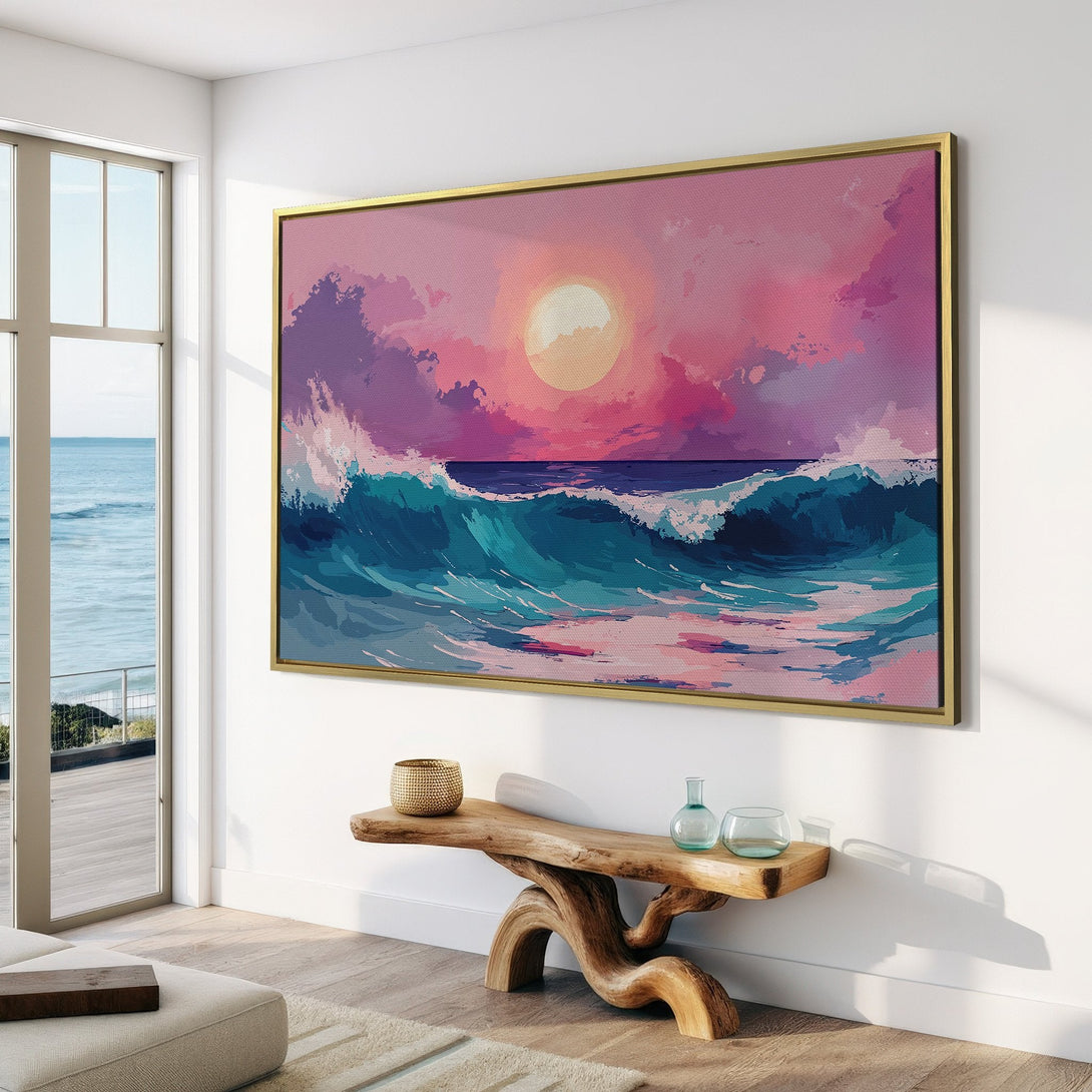 Canvas Print of a sunset over ocean waves. Abstract style, vibrant pink, blue, and yellow color palette. Perfect coastal wall art.