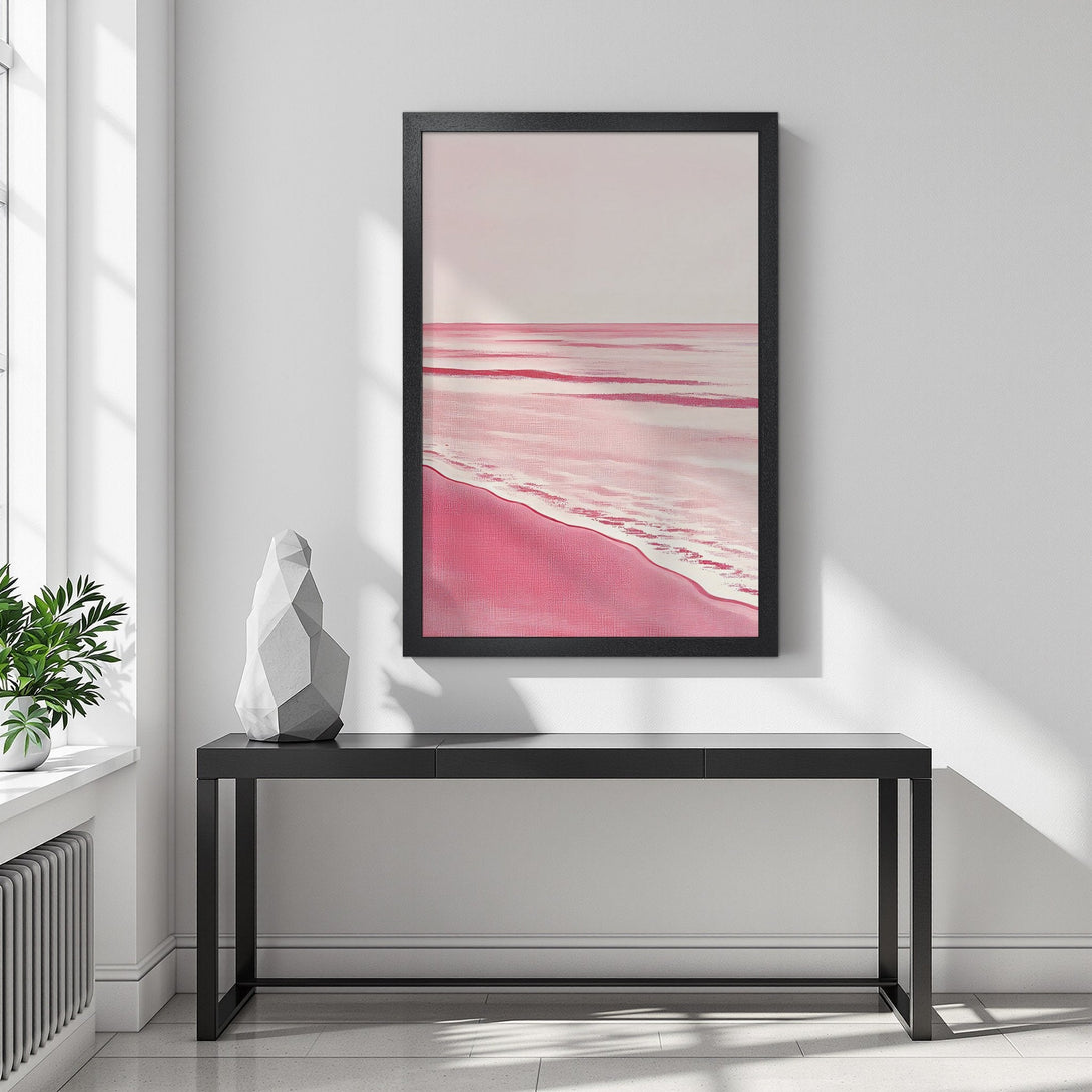 Framed Poster featuring a pink beach scene, minimalist style, perfect for modern decor. Add a touch of serenity to your space!