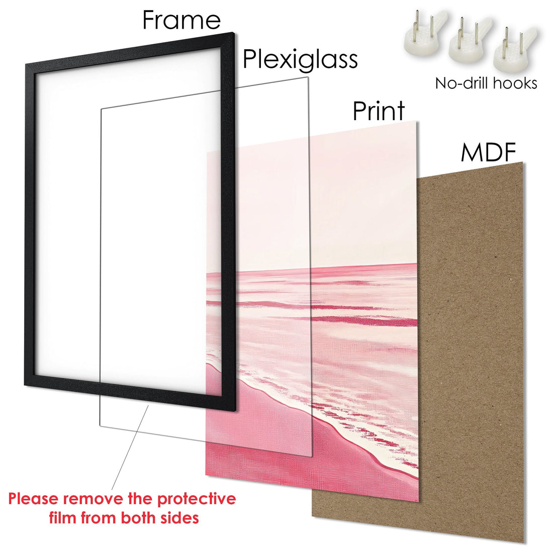 Framed Poster of pink beach art. Modern style, soft pink color palette. Ready to hang and brighten your space!