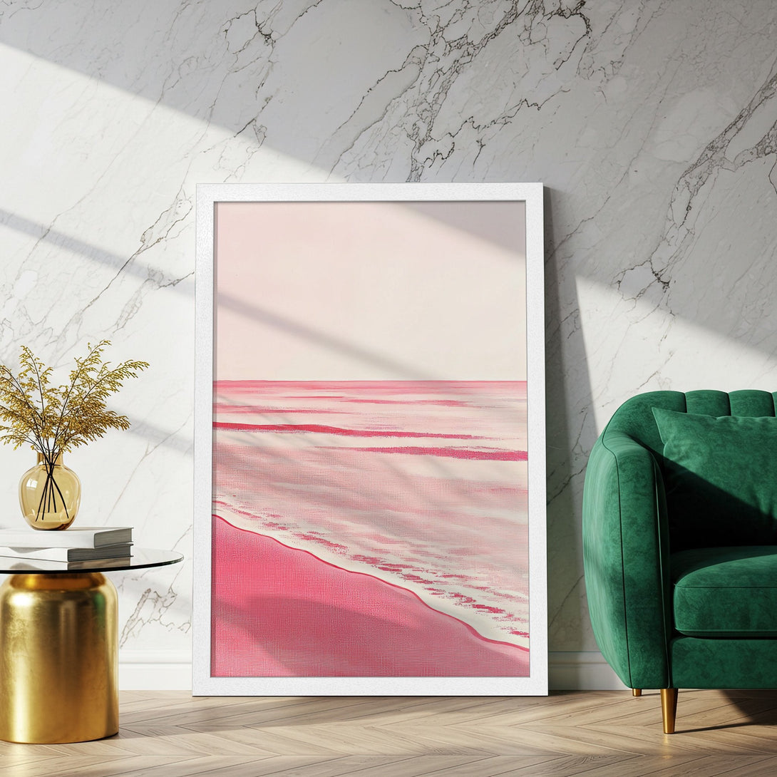 Framed Poster featuring abstract pink beach art. Modern style, soft pink and white palette. Perfect wall decor for a calming space.