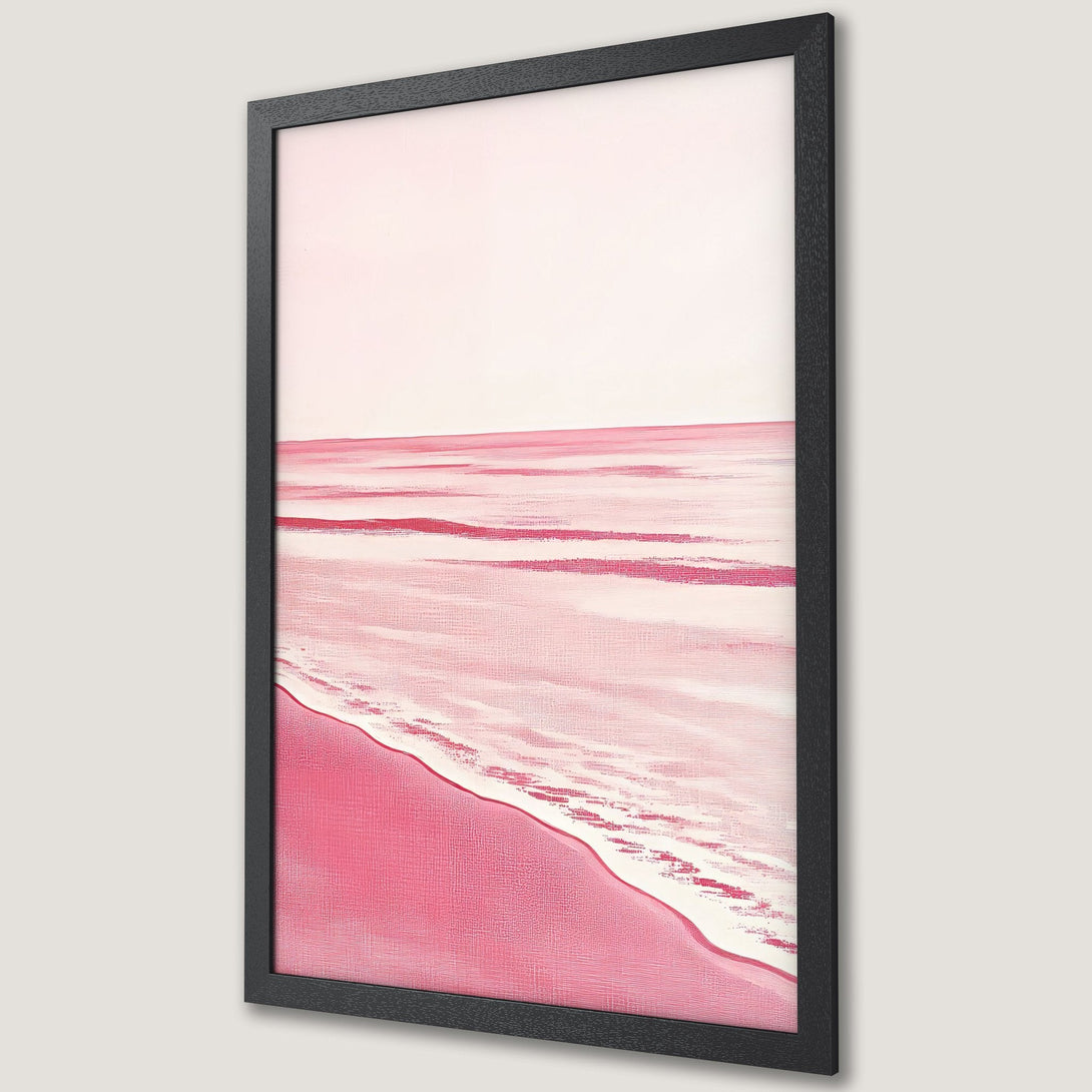 Framed Poster featuring a pink abstract landscape painting. Modern art style with a soft, pink color palette. Perfect wall decor.