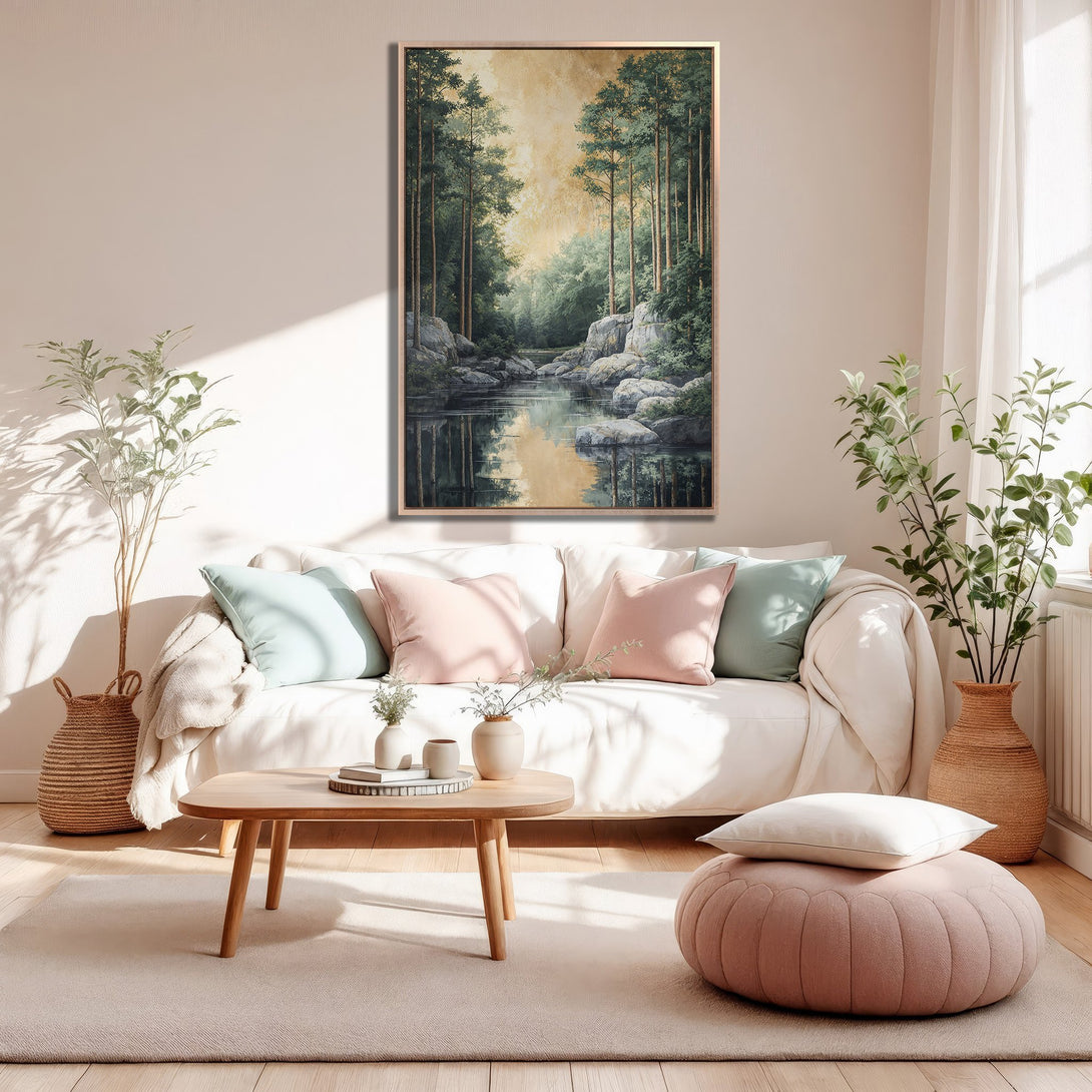Framed Wall Art: Serene landscape Canvas Print with a river scene, featuring a nature-inspired style in a calming green and beige color palette.