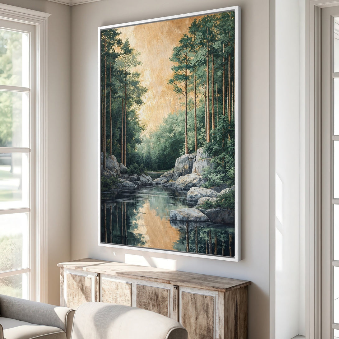 Framed Wall Art: Serene forest landscape canvas print with a warm, natural color palette. Perfect for creating a calming atmosphere in any room.