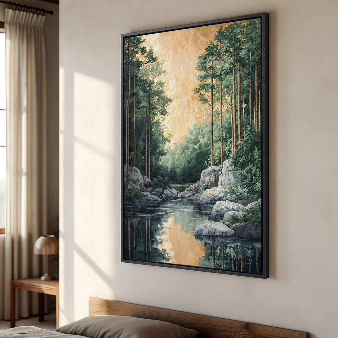 Framed Wall Art: Serene forest landscape canvas print in green and gold, perfect for adding a touch of nature-inspired art to your home decor.