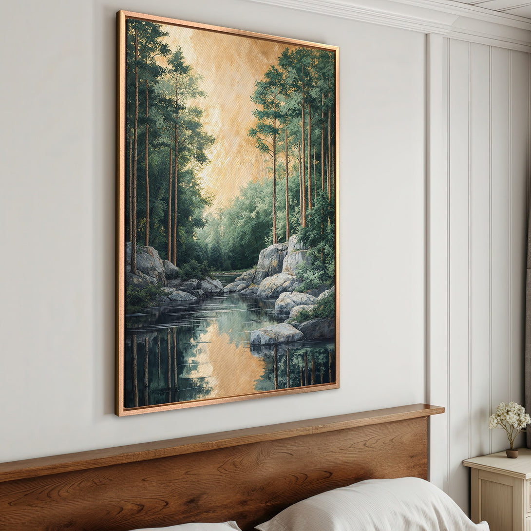 Framed Wall Art: Serene landscape Canvas Print with forest scene, featuring green and gold tones, perfect for adding a touch of nature to your home decor.