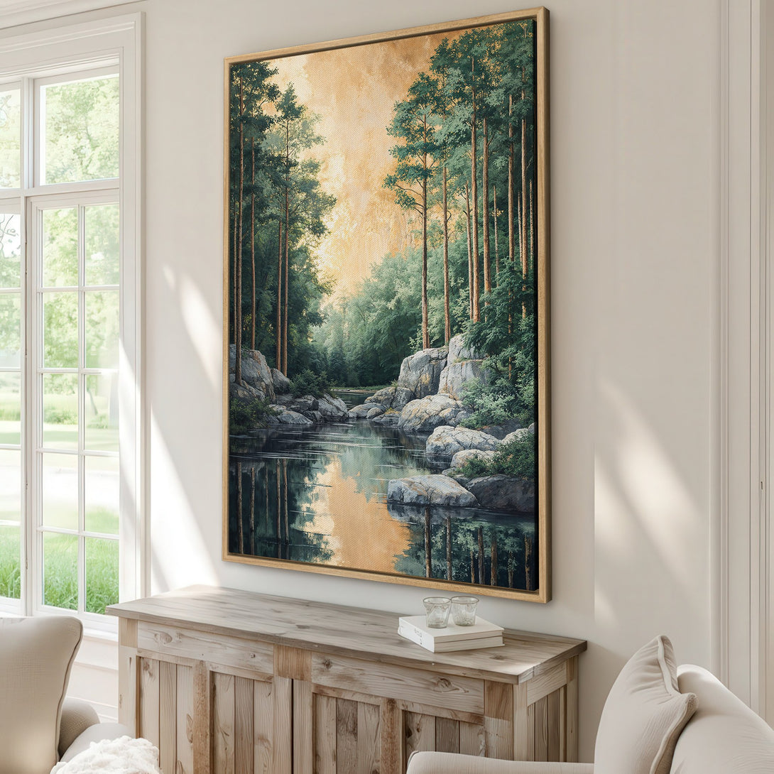 Framed Wall Art: Serene forest landscape Canvas Print with green, gold, and gray tones. Perfect for adding a touch of nature to your home decor.