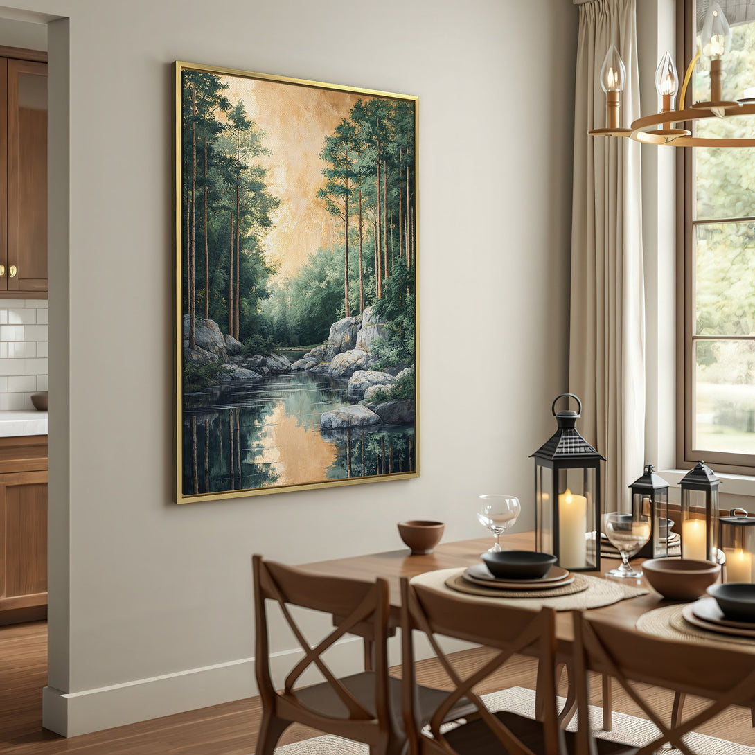 Canvas Print of a serene forest landscape in muted greens and golds, displayed in a cozy interior. Perfect for adding natural beauty.