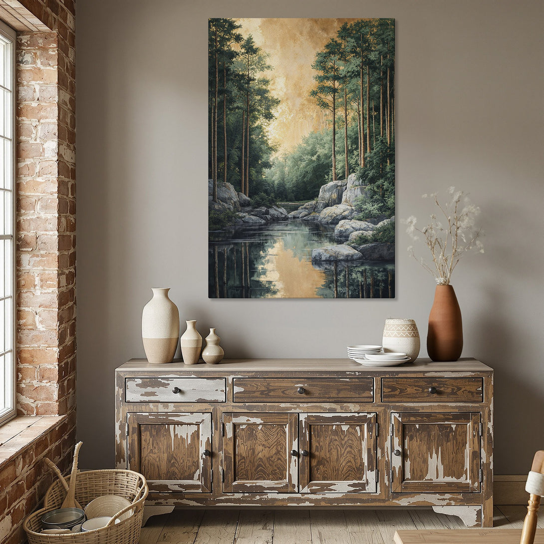 Framed Wall Art: Serene forest landscape canvas print in a dining room. Featuring a calming green, gold, and neutral color palette. Perfect for home decor.