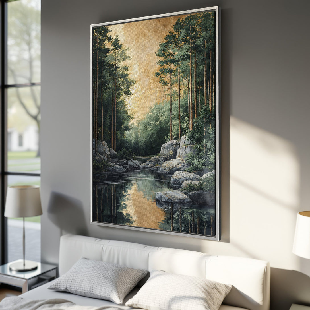 Framed Wall Art: Serene forest landscape painting with a river, featuring a green and gold color palette. Perfect for adding a touch of nature to your home decor.