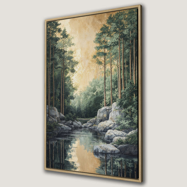 Framed Wall Art: Serene forest landscape Canvas Print in green and gold. Tranquil river scene with tall trees, perfect for nature lovers.