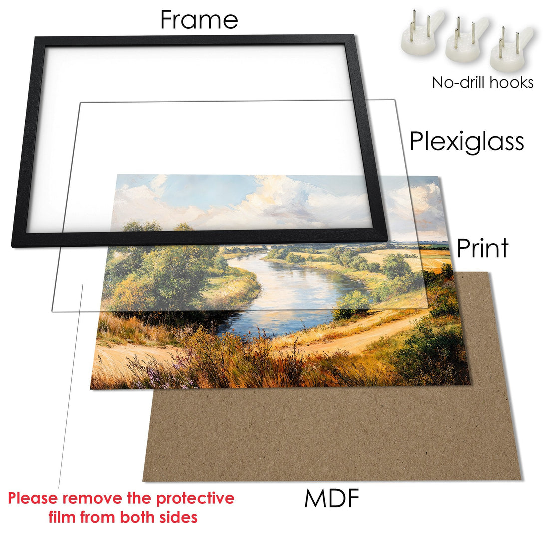 Framed Poster of a serene river landscape in warm earth tones. Perfect for adding a touch of nature-inspired art to your home.