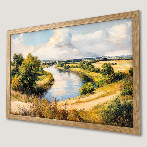 Framed Poster of a serene river landscape painting in a warm, earthy color palette. Perfect wall art!