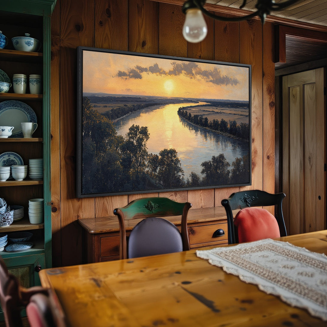 Framed Wall Art: Landscape Canvas Print with warm sunset over river. Earthy tones create a cozy, rustic interior. Perfect for living rooms & dining areas.
