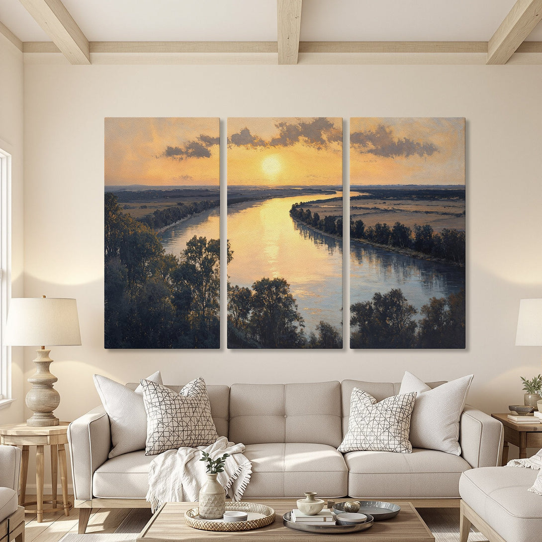 Canvas Print of a serene river landscape in warm sunset tones. Classic art style, perfect for living room decor.